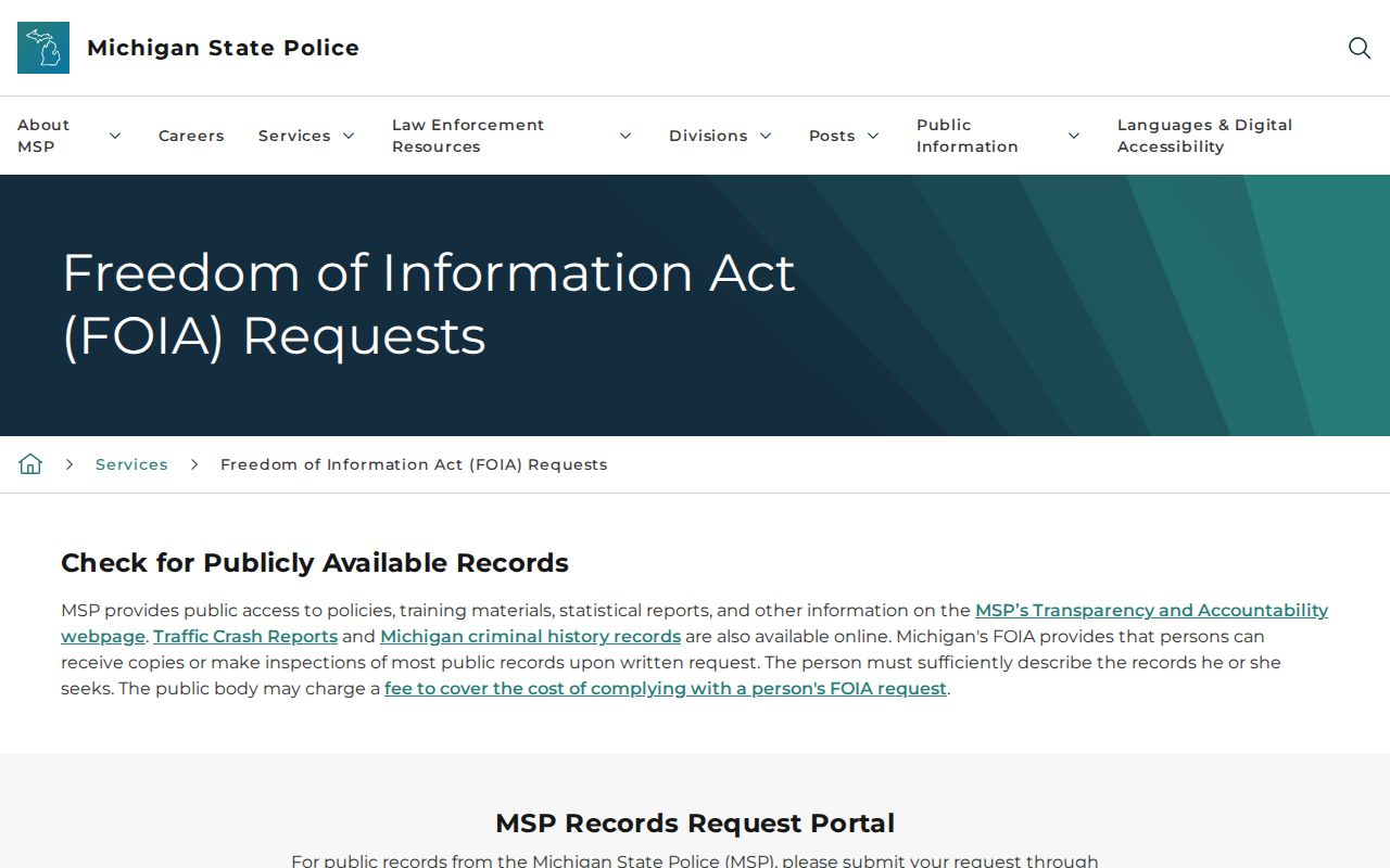 Michigan arrest records MSP records request portal