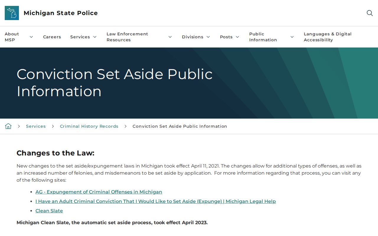 Michigan State Police criminal history conviction set-aside guidance