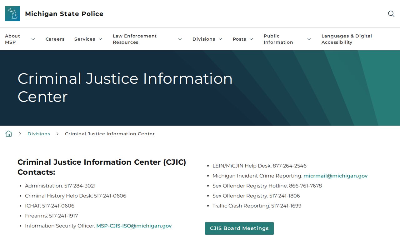 Michigan State Police criminal history CJIC services