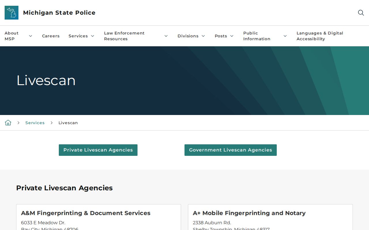 Michigan State Police approved Live Scan locations