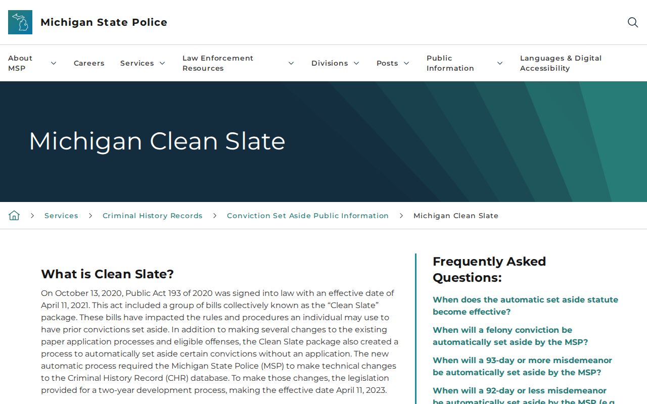 Michigan criminal history Clean Slate set aside program
