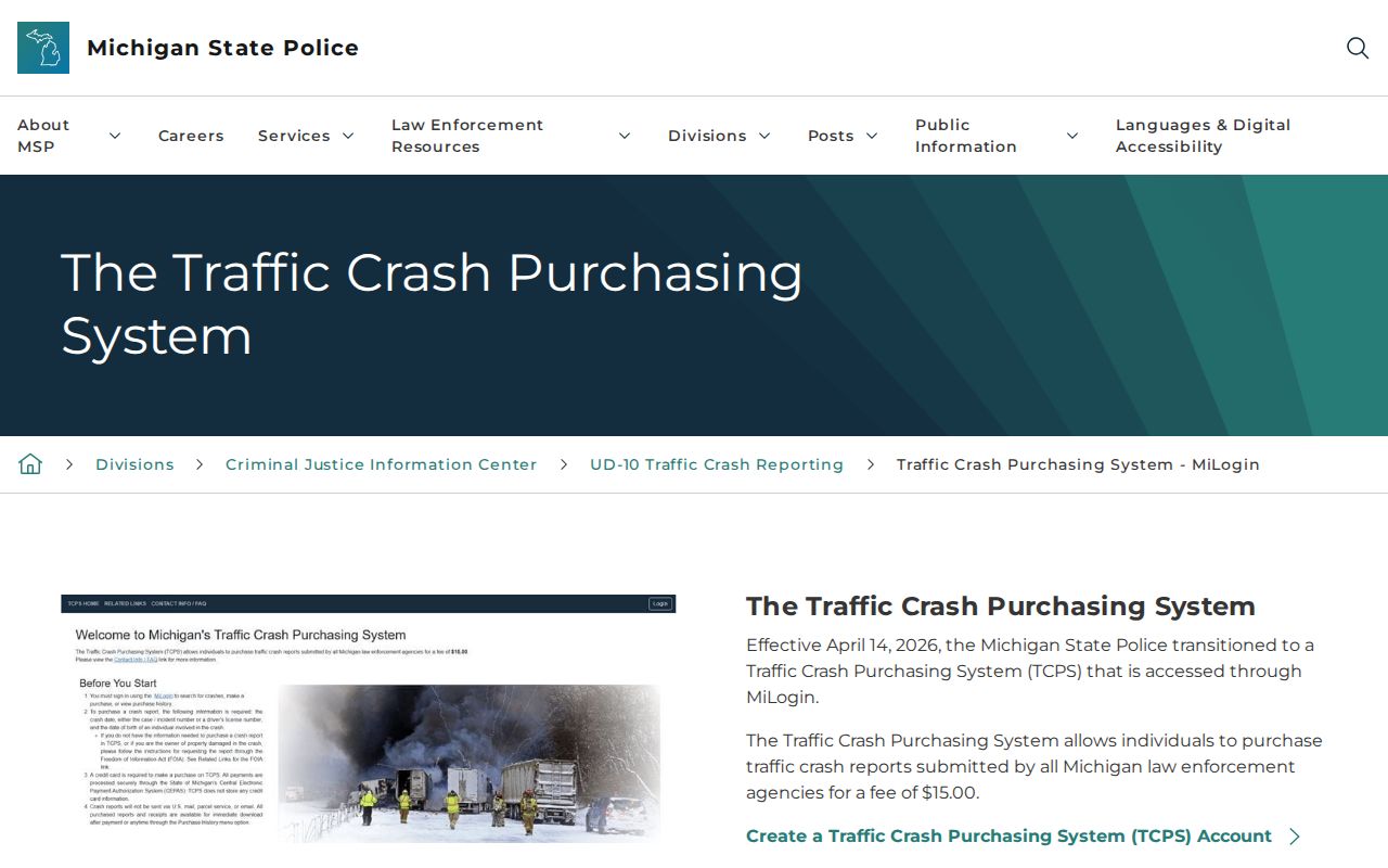 Michigan criminal history traffic crash report purchasing system