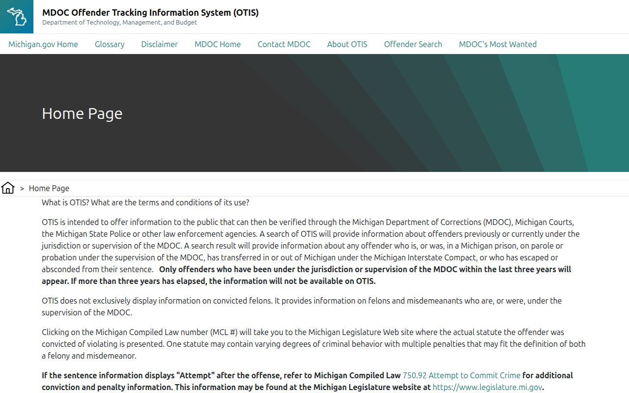 Michigan criminal history OTIS offender tracking search